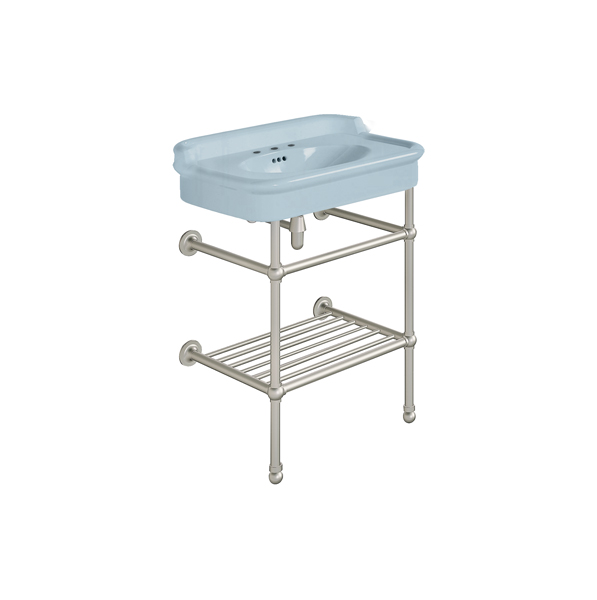 Rockwell 680mm Powder Blue basin with upstand on basin stand with shelf. Zero, one or three tap holes.