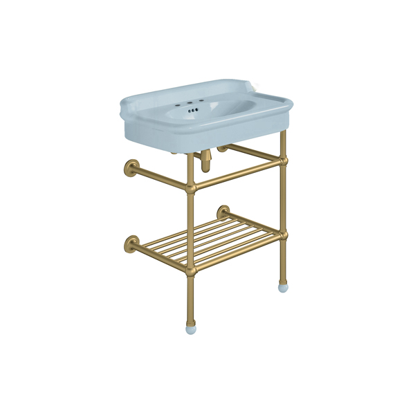Rockwell 680mm Powder Blue basin with upstand on basin stand with shelf. Zero, one or three tap holes.