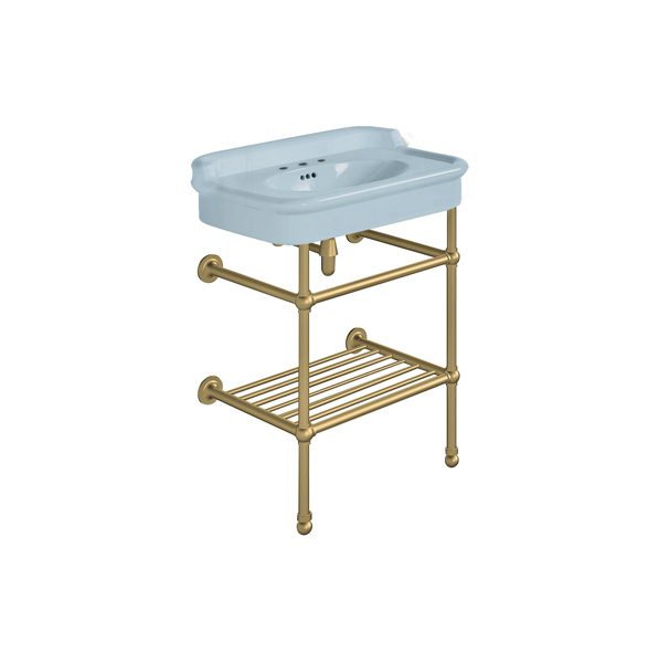 Rockwell 680mm Powder Blue basin with upstand on basin stand with shelf. Zero, one or three tap holes.