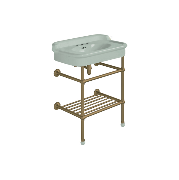 Rockwell 680mm Willow Green basin with upstand on basin stand with shelf. Zero, one or three tap holes.