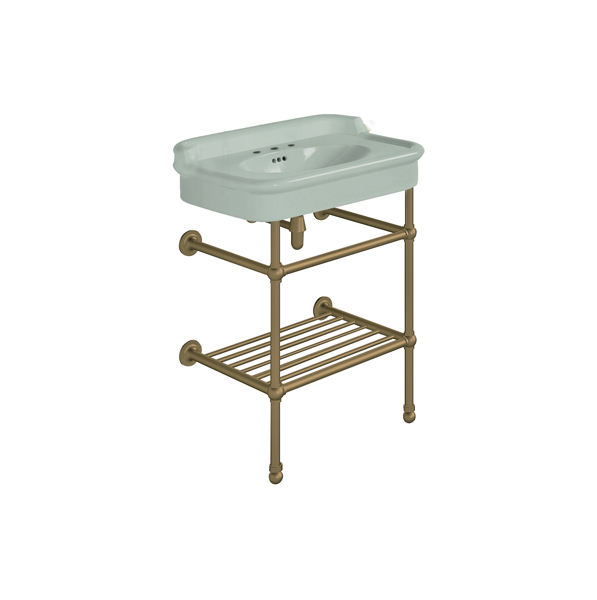 Rockwell 680mm Willow Green basin with upstand on basin stand with shelf. Zero, one or three tap holes.