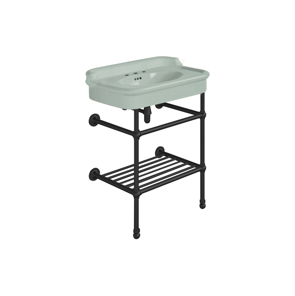 Rockwell 680mm Willow Green basin with upstand on basin stand with shelf. Zero, one or three tap holes.