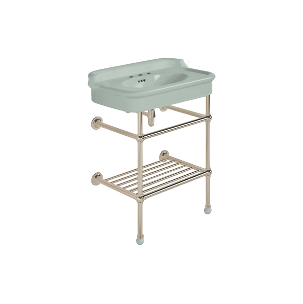 Rockwell 680mm Willow Green basin with upstand on basin stand with shelf. Zero, one or three tap holes.