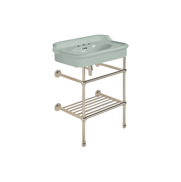 Rockwell 680mm Willow Green basin with upstand on basin stand with shelf. Zero, one or three tap holes.