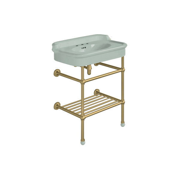 Rockwell 680mm Willow Green basin with upstand on basin stand with shelf. Zero, one or three tap holes.