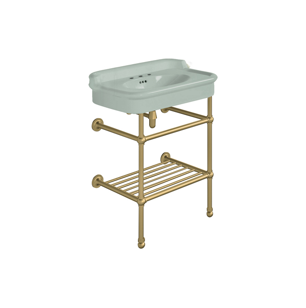 Rockwell 680mm Willow Green basin with upstand on basin stand with shelf. Zero, one or three tap holes.