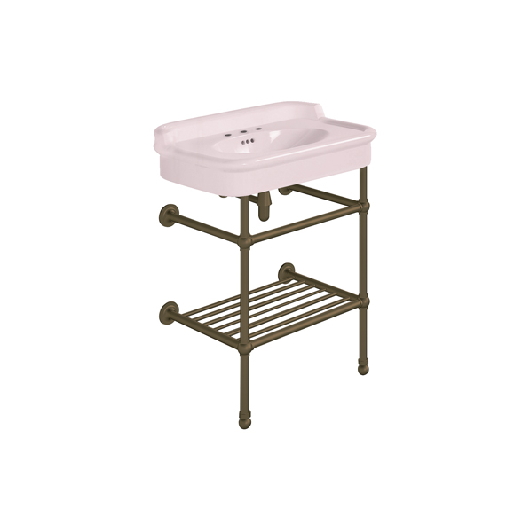 Rockwell 680mm Pale Pink basin with upstand on basin stand with shelf. Zero, one or three tap holes.