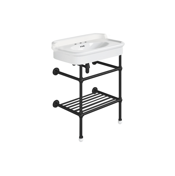 Rockwell 680mm White basin with upstand on basin stand with shelf. Zero, one or three tap holes.