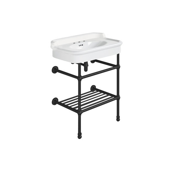 Rockwell 680mm White basin with upstand on basin stand with shelf. Zero, one or three tap holes.