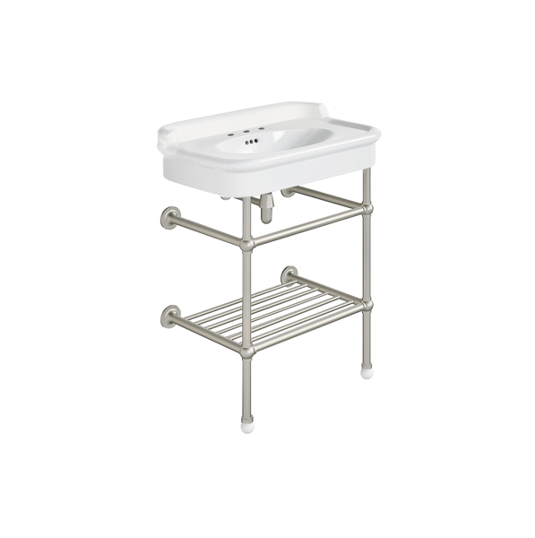 Rockwell 680mm White basin with upstand on basin stand with shelf. Zero, one or three tap holes.