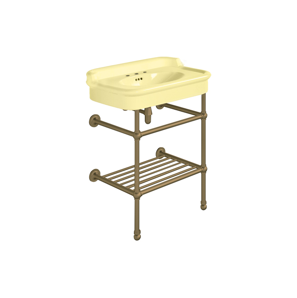 Rockwell 680mm Sherbet Yellow basin with upstand on basin stand with shelf. Zero, one or three tap holes.
