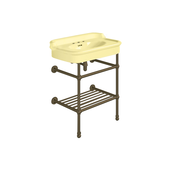 Rockwell 680mm Sherbet Yellow basin with upstand on basin stand with shelf. Zero, one or three tap holes.