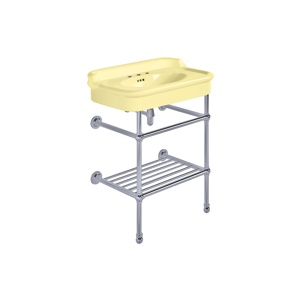 Rockwell 680mm Sherbet Yellow basin with upstand on basin stand with shelf. Zero, one or three tap holes.