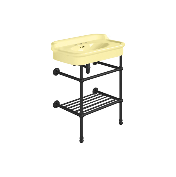 Rockwell 680mm Sherbet Yellow basin with upstand on basin stand with shelf. Zero, one or three tap holes.