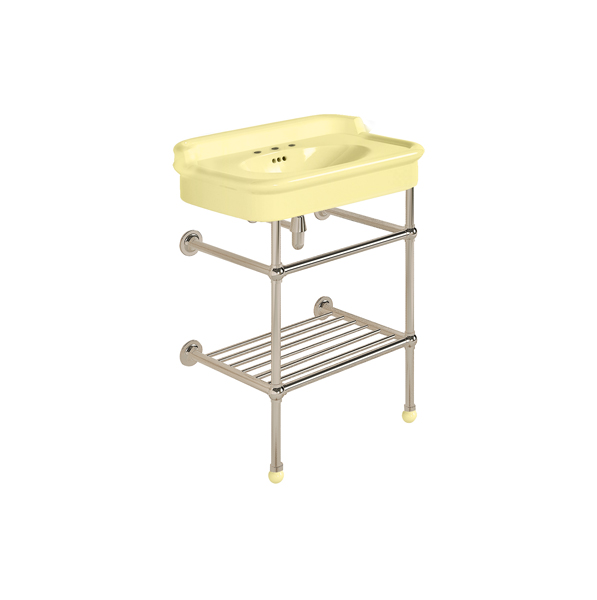 Rockwell 680mm Sherbet Yellow basin with upstand on basin stand with shelf. Zero, one or three tap holes.