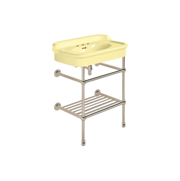 Rockwell 680mm Sherbet Yellow basin with upstand on basin stand with shelf. Zero, one or three tap holes.