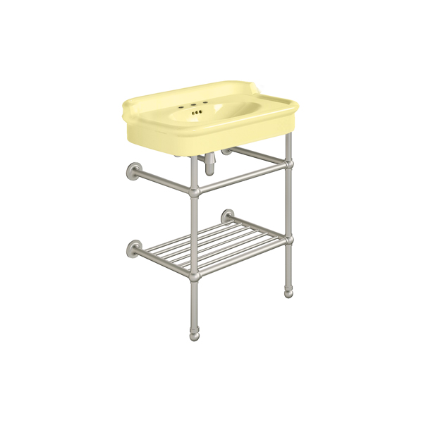 Rockwell 680mm Sherbet Yellow basin with upstand on basin stand with shelf. Zero, one or three tap holes.