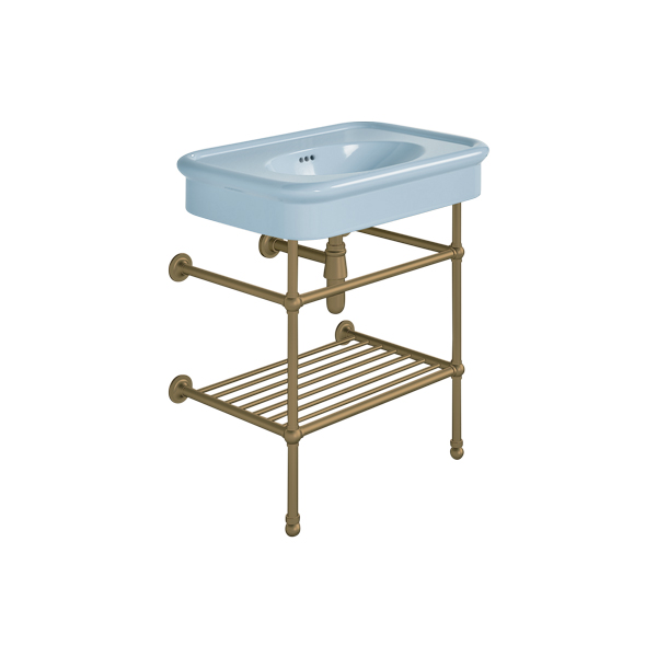 Rockwell 750mm Powder Blue basin on basin stand with shelf. Zero, one or three tap holes