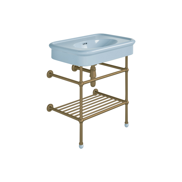 Rockwell 750mm Powder Blue basin on basin stand with shelf. Zero, one or three tap holes