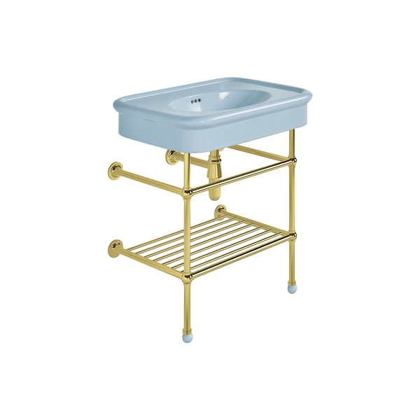 Rockwell 750mm Powder Blue basin on basin stand with shelf. Zero, one or three tap holes