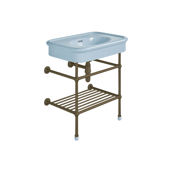 Rockwell 750mm Powder Blue basin on basin stand with shelf. Zero, one or three tap holes