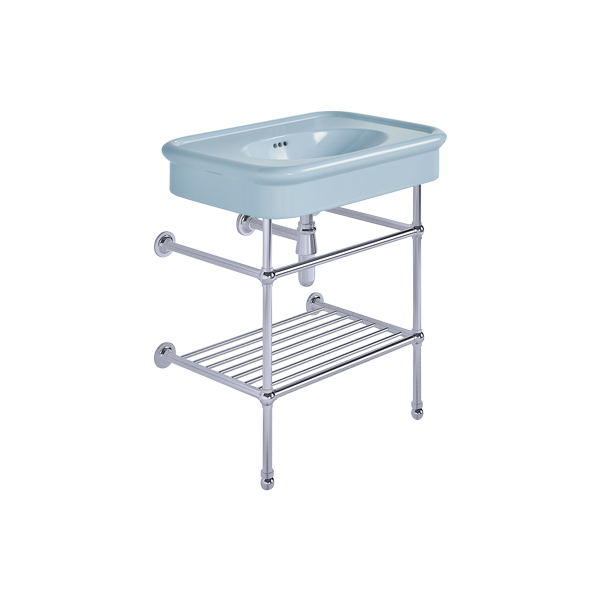Rockwell 750mm Powder Blue basin on basin stand with shelf. Zero, one or three tap holes