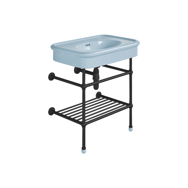 Rockwell 750mm Powder Blue basin on basin stand with shelf. Zero, one or three tap holes