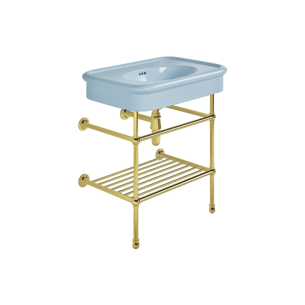 Rockwell 750mm Powder Blue basin on basin stand with shelf. Zero, one or three tap holes