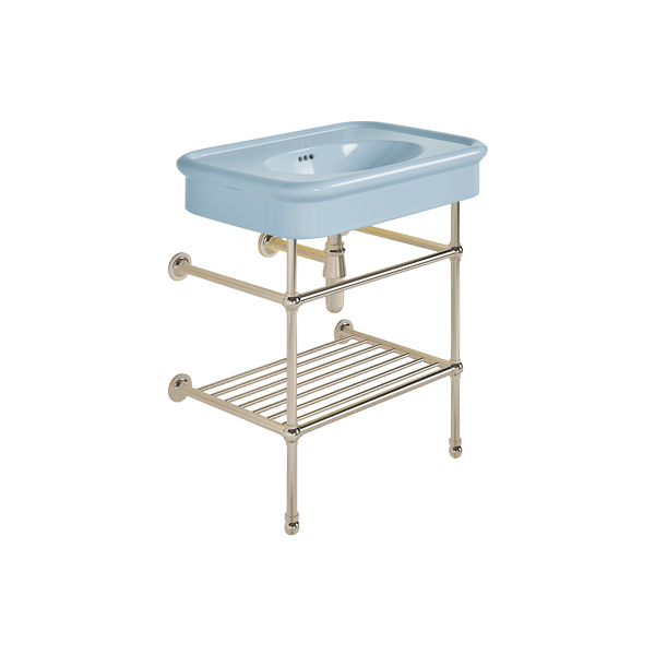 Rockwell 750mm Powder Blue basin on basin stand with shelf. Zero, one or three tap holes