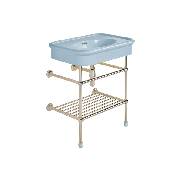 Rockwell 750mm Powder Blue basin on basin stand with shelf. Zero, one or three tap holes