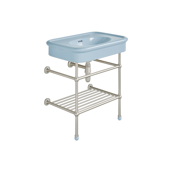 Rockwell 750mm Powder Blue basin on basin stand with shelf. Zero, one or three tap holes