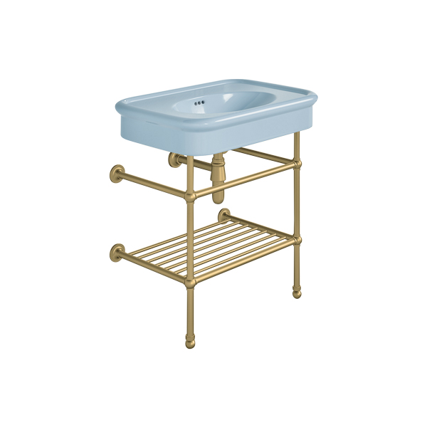Rockwell 750mm Powder Blue basin on basin stand with shelf. Zero, one or three tap holes