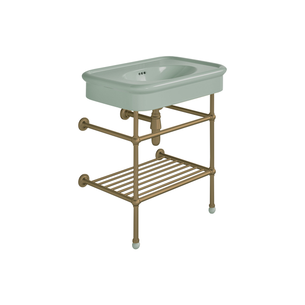 Rockwell 750mm Willow Green basin on basin stand with shelf. Zero, one or three tap holes