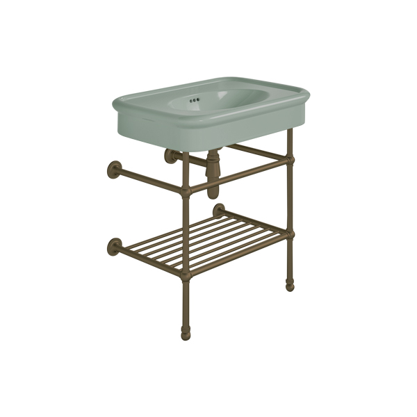 Rockwell 750mm Willow Green basin on basin stand with shelf. Zero, one or three tap holes