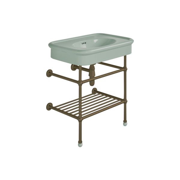 Rockwell 750mm Willow Green basin on basin stand with shelf. Zero, one or three tap holes