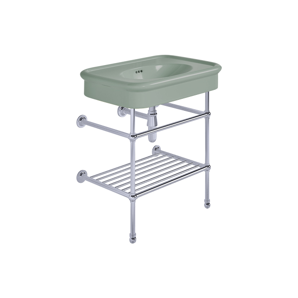 Rockwell 750mm Willow Green basin on basin stand with shelf. Zero, one or three tap holes