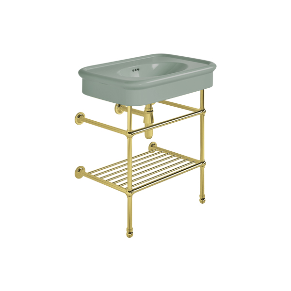 Rockwell 750mm Willow Green basin on basin stand with shelf. Zero, one or three tap holes