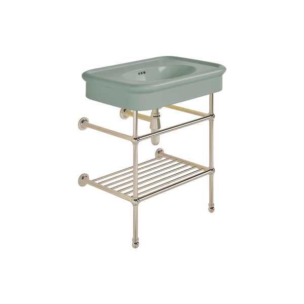 Rockwell 750mm Willow Green basin on basin stand with shelf. Zero, one or three tap holes