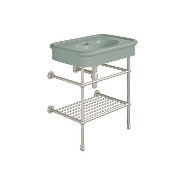 Rockwell 750mm Willow Green basin on basin stand with shelf. Zero, one or three tap holes
