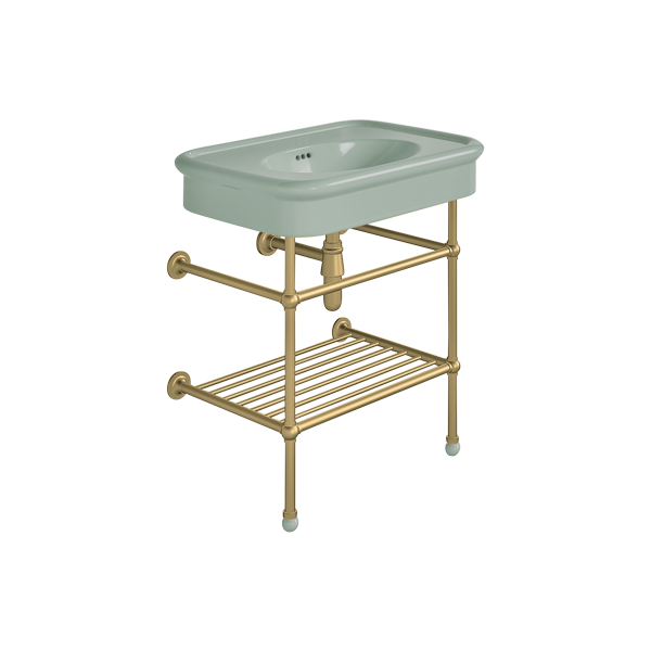 Rockwell 750mm Willow Green basin on basin stand with shelf. Zero, one or three tap holes