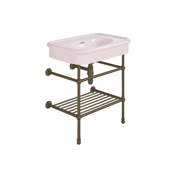 Rockwell 750mm Pale Pink basin on basin stand with shelf. Zero, one or three tap holes