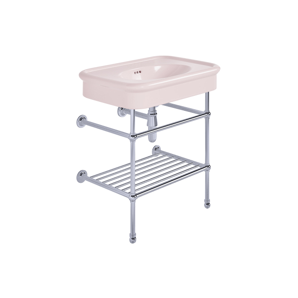 Rockwell 750mm Pale Pink basin on basin stand with shelf. Zero, one or three tap holes