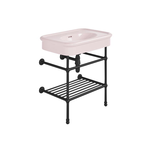 Rockwell 750mm Pale Pink basin on basin stand with shelf. Zero, one or three tap holes