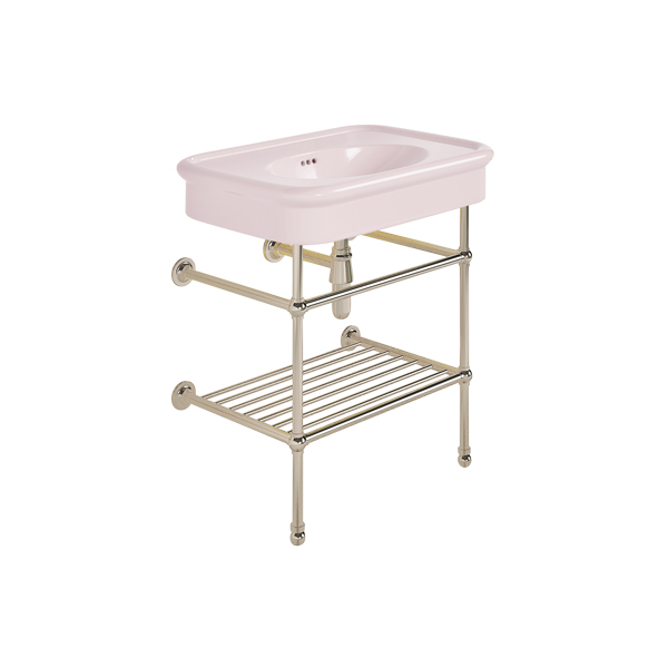 Rockwell 750mm Pale Pink basin on basin stand with shelf. Zero, one or three tap holes