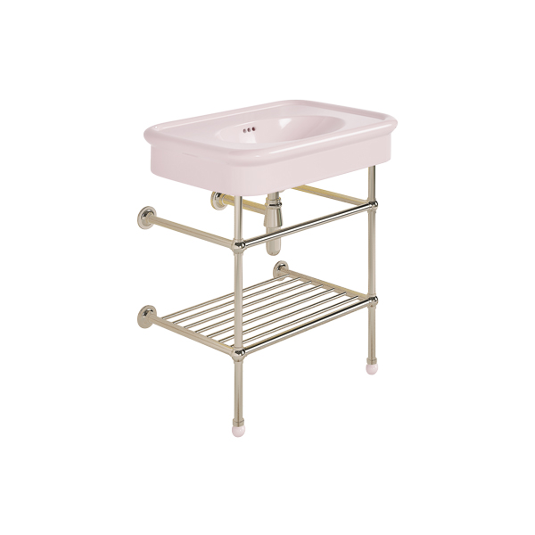 Rockwell 750mm Pale Pink basin on basin stand with shelf. Zero, one or three tap holes