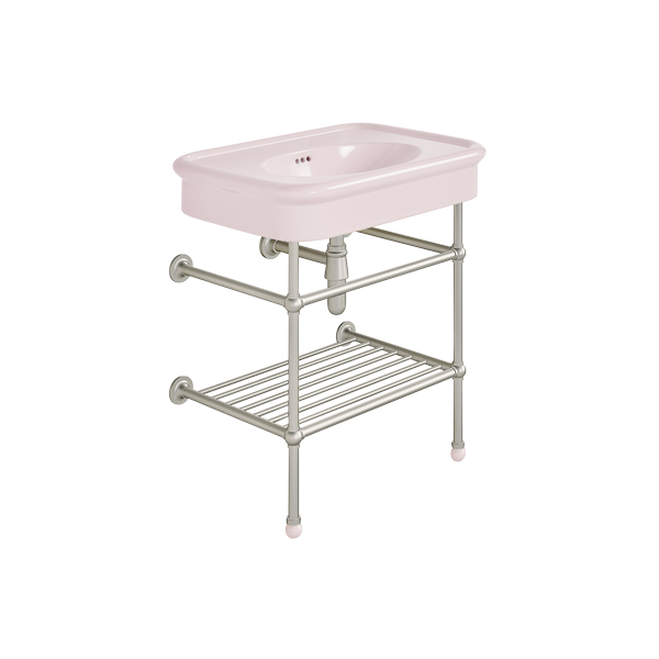 Rockwell 750mm Pale Pink basin on basin stand with shelf. Zero, one or three tap holes