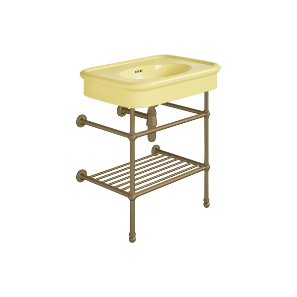 Rockwell 750mm Sherbet Yellow basin on basin stand with shelf. Zero, one or three tap holes
