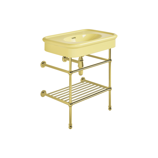 Rockwell 750mm Sherbet Yellow basin on basin stand with shelf. Zero, one or three tap holes