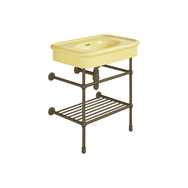 Rockwell 750mm Sherbet Yellow basin on basin stand with shelf. Zero, one or three tap holes