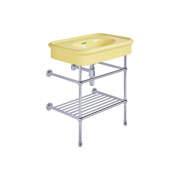 Rockwell 750mm Sherbet Yellow basin on basin stand with shelf. Zero, one or three tap holes